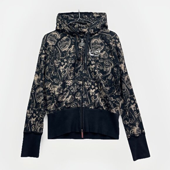 Y2K 90s Women's L Red by Marc Ecko Graphic Logo Hoodie Goth Emo Skull Rose AOP - Picture 1 of 15